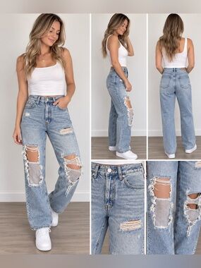 Aeropostale Light Blue Distressed Wide Leg Jeans - Women